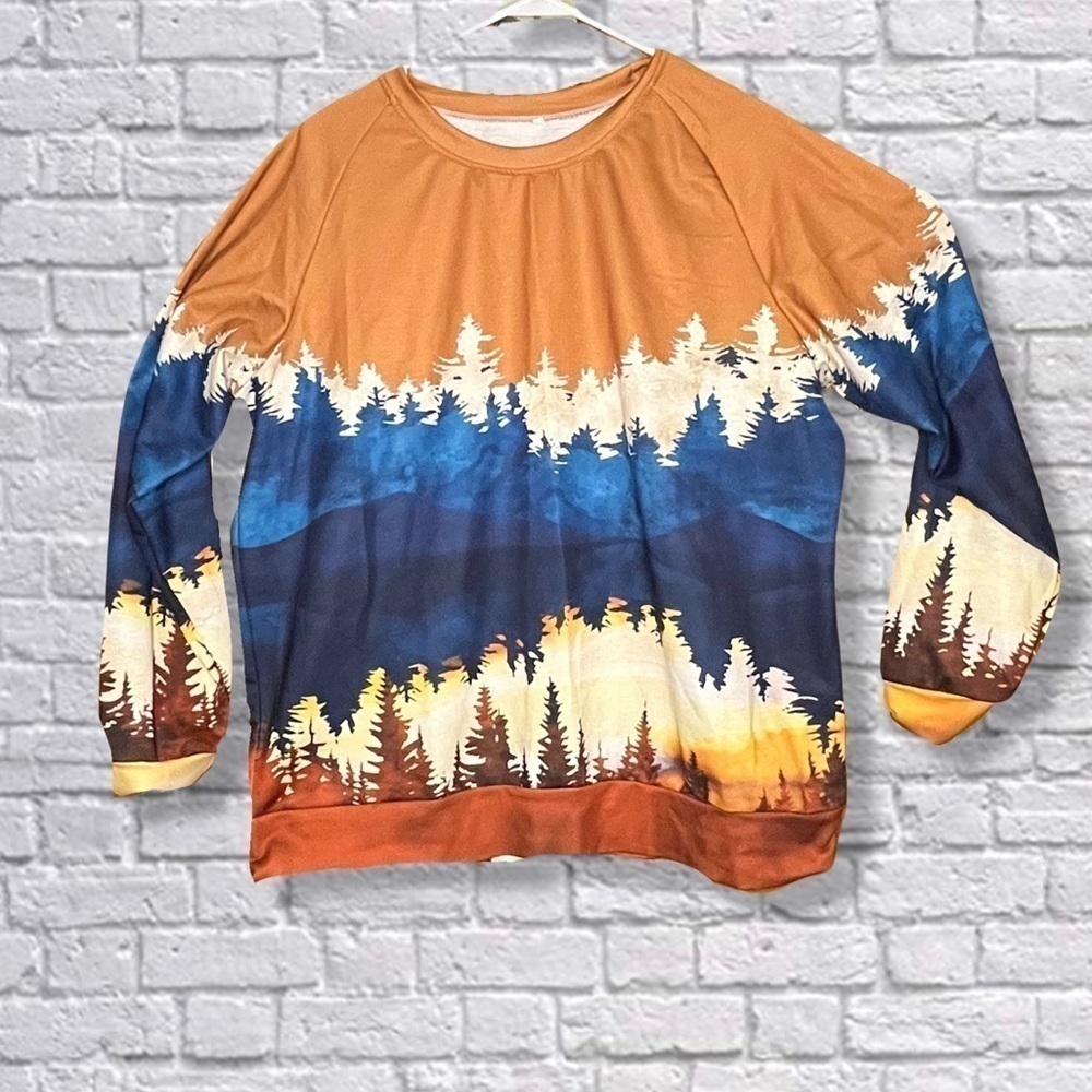 Knoeasy Tan & Teal Forest Landscape Pullover